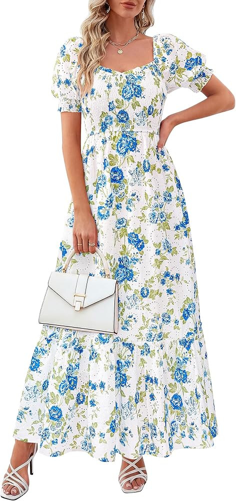 PRETTYGARDEN Women's Floral Boho Maxi Dresses Flowy Short Sleeve A Line Smocked Eyelet 2026 Summe... | Amazon (US)