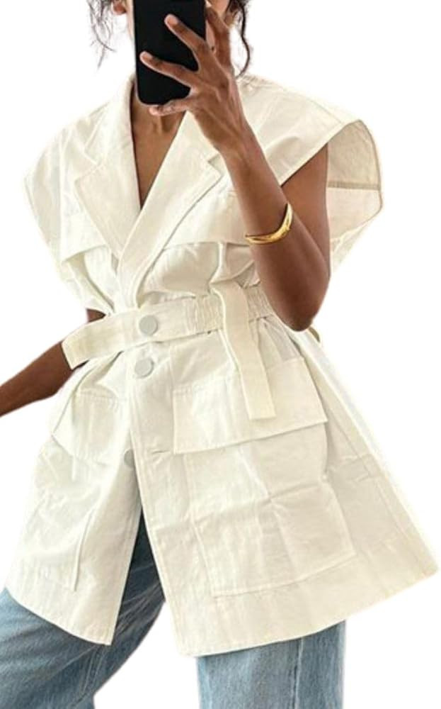 Women's Oversized Sleeveless Blazer Vest Casual Long Open Front Cargo Vest Top Lightweight Cardig... | Amazon (US)