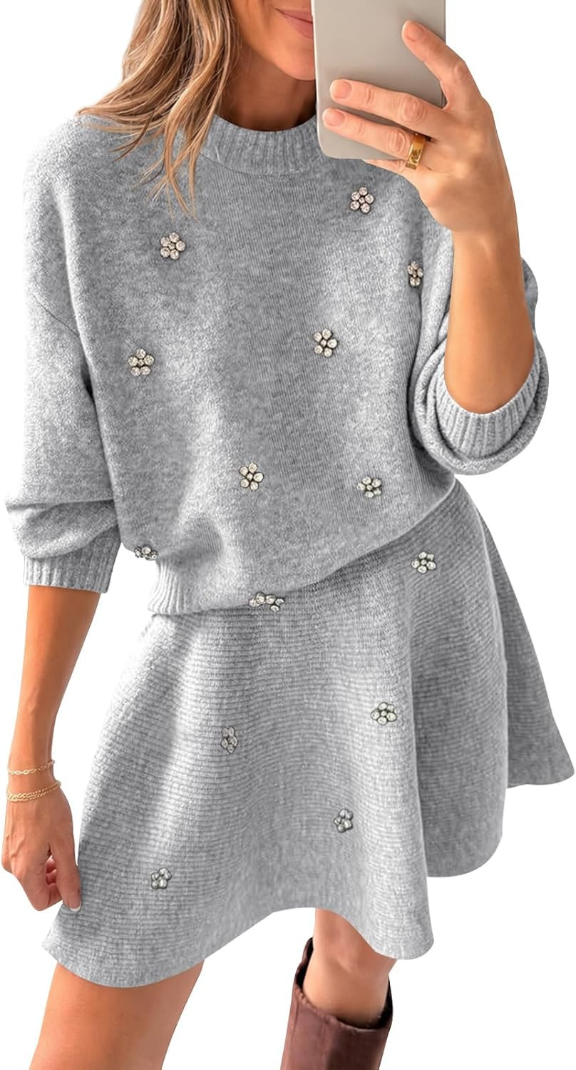 Saodimallsu Womens 2 Piece Sweater Skirt Set Fall Elegant Long Sleeve Crew Neck Top and Knit Mini Skirt with Rhinestones | Amazon (US)