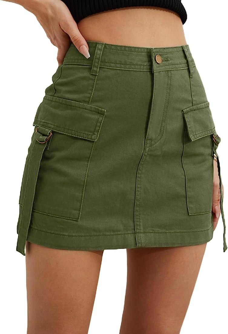Low Waist Cargo Skirt Women Button Mini Cargo Denim Skirt with Pocket | Amazon (US)