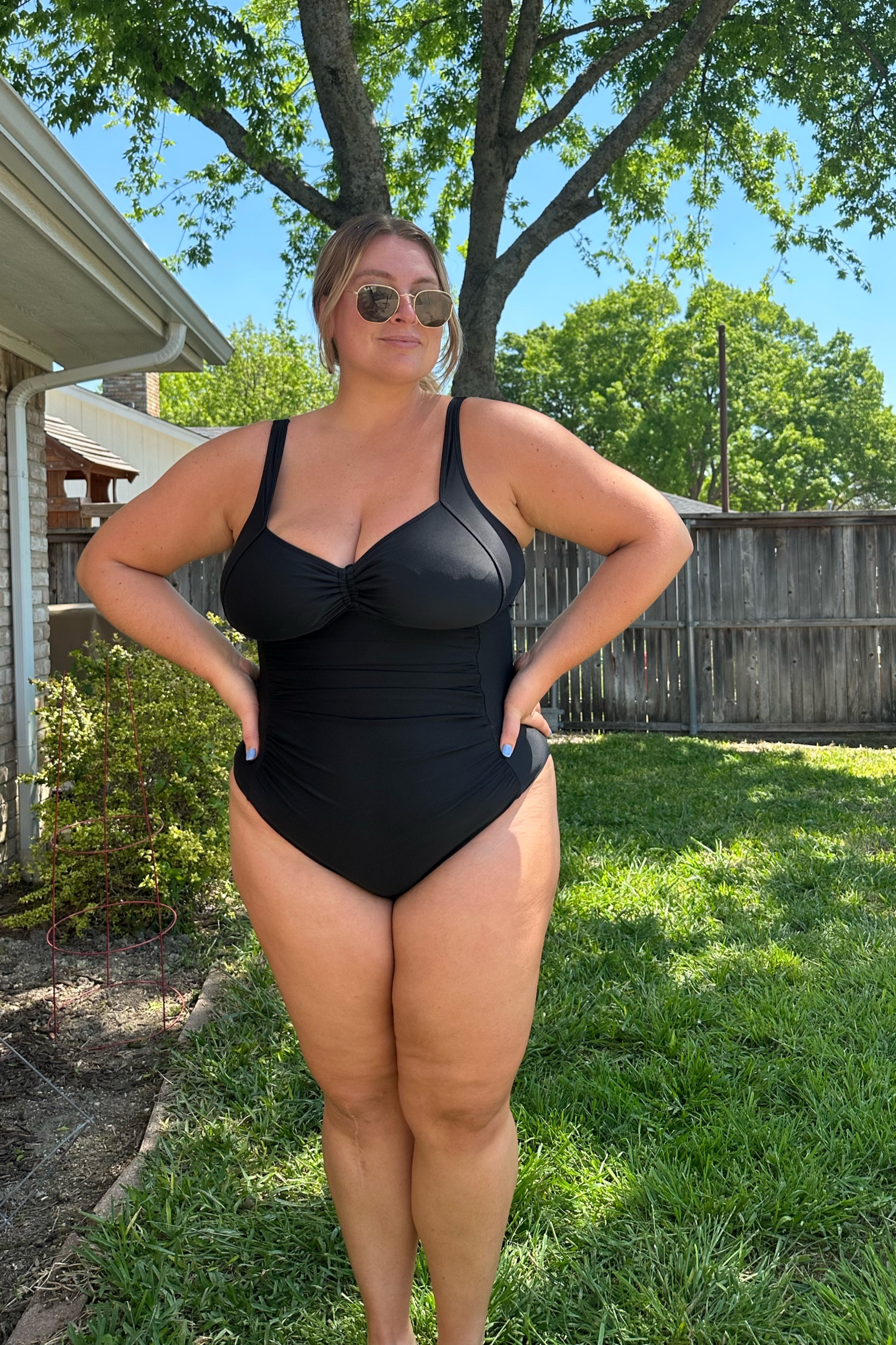 This chic swimsuit has potential to become a favorite of mine this summer! I love the adjustable straps and the adjustable band strap in the back. This is a great way to sneak in some extra support with wireless swimsuits. Speaking of support, you also get that from the thick seams under the chest and on the outside. This also gives it a bit of a retro vibe! In the center of the chest you’ll find the ability to cinch it for a bit of a vneck or leave it out for a square neckline. This Amazon find is moderately cheeky. The ruching detail on the stomach panel provides a bit of camouflage, if that is what you are looking for in a swimsuit.

This  Amazon one piece is $33, available in sizes 12-26 Plus and 9+ color variations. I am wearing 14 Plus.  #amazon #swimsuit #plussize #onepiece 

#LTKunder50 #LTKcurves #LTKswim