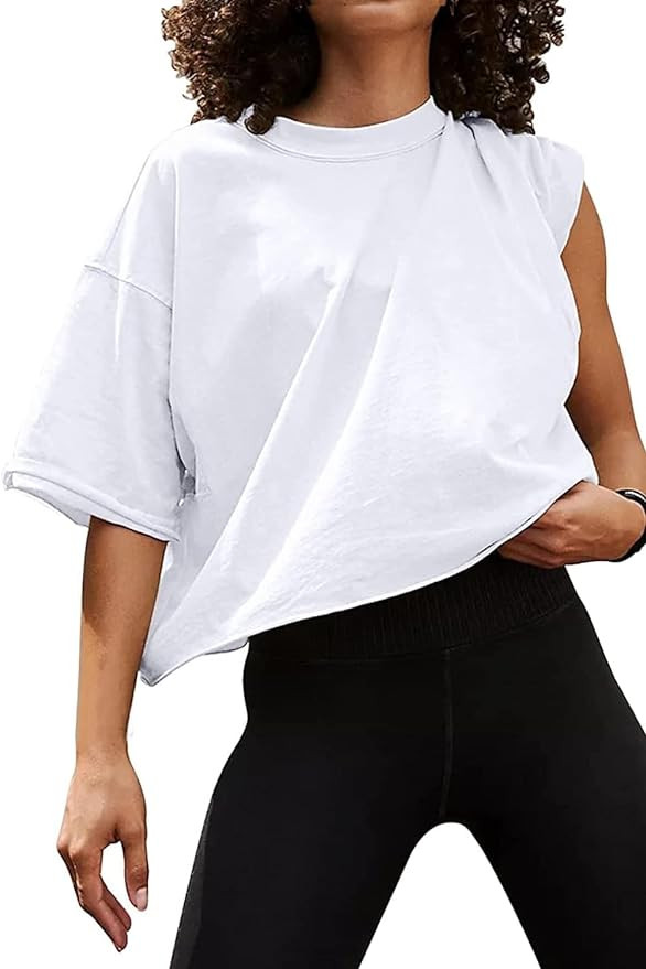 Carpetcom Oversized Workout Shirts for Women Short Sleeve Drop Shoulder Casual Crop Tops Baggy Gy... | Amazon (US)
