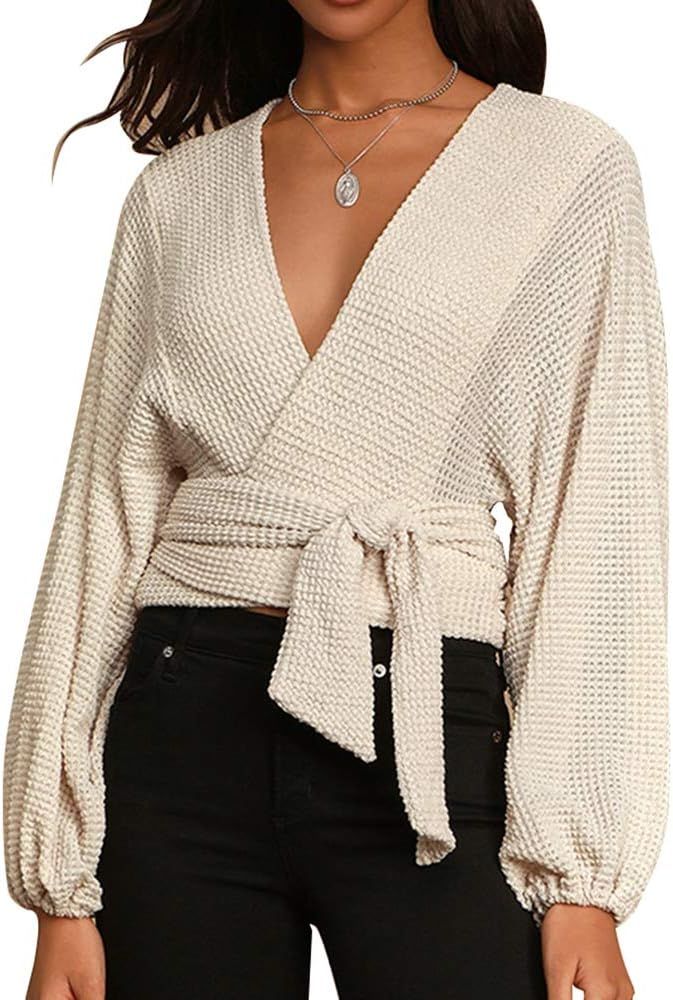 Women’s V Neck Long Sleeve Wrap Sweater Loose Casual Waffle Knit Pullover Tops | Amazon (US)