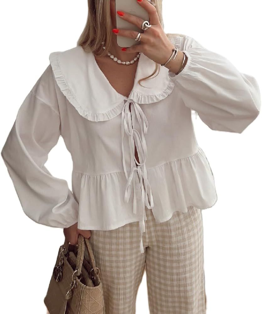 Women Tie Front Babydoll Shirts Peter Pan Collar Blouse Long Puff Sleeve Peplum Top Y2k Cute Goin... | Amazon (US)