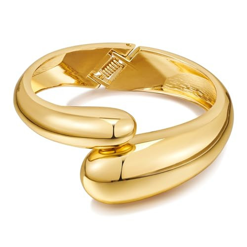 WOWORAMA Chunky Gold Teardrop Cuff Bracelets for Women Waterdrop Dome Hinged Cuff Bangles Thick Gold Chunky Bypass Bracelet Statement Gold Arm Cuff Bracelet, 7 inches | Amazon (US)