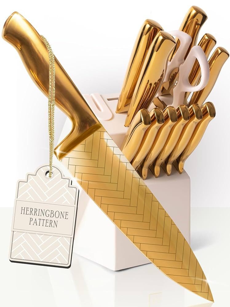 Gold Knife Set For Kitchen -14-Piece Titanium-Coated Blades with Etched Leaves Pattern, Ultra-Sha... | Amazon (US)