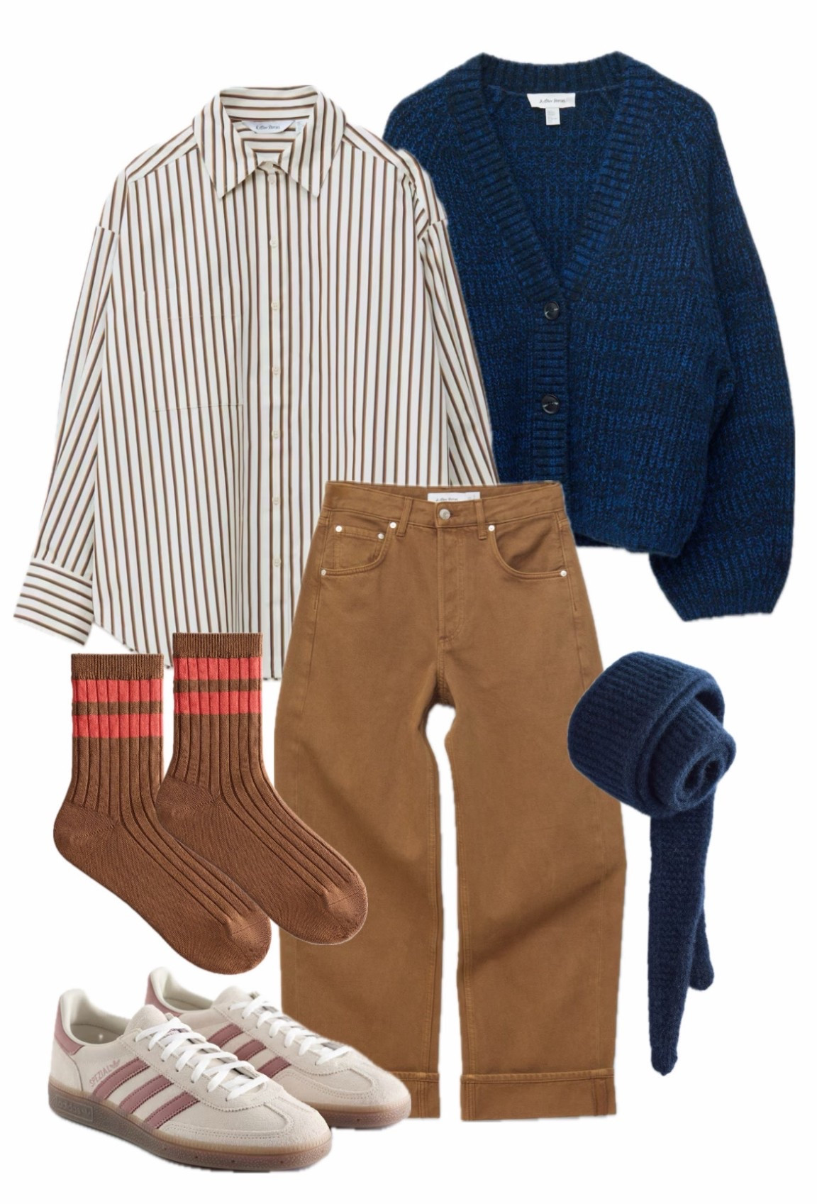 Classy und simple Outfit mit kleinem Wollschal, Sneakern, Streifenhemd, boxy Cardigan und Barrel Jeans. 

#LTKdeutschland