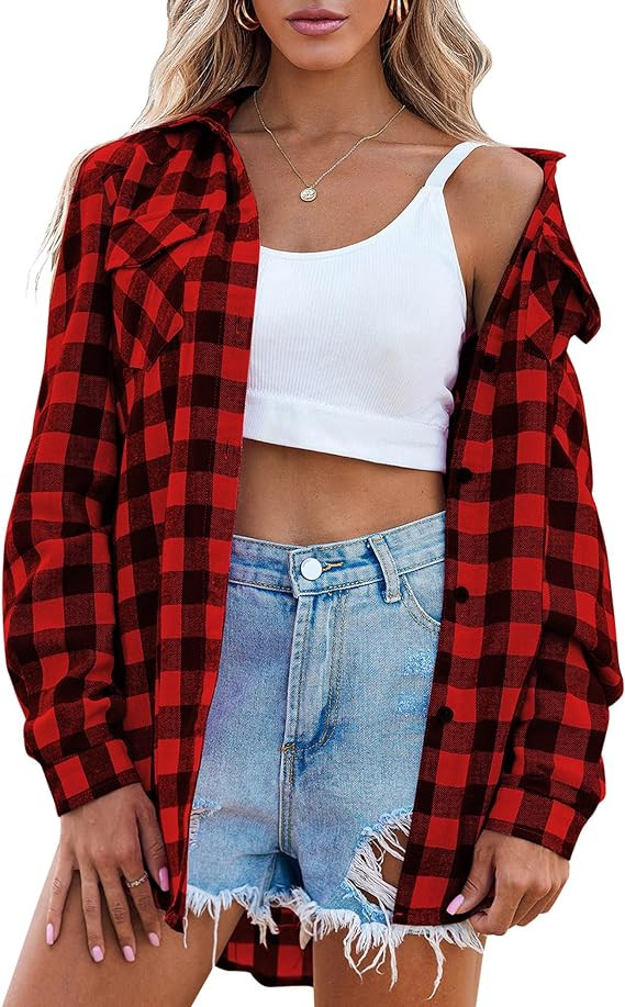 Zeagoo Womens Flannel Shirts Long/Roll Up Sleeve Collared Button Down Plaid Shirt Casual Work Top... | Amazon (US)