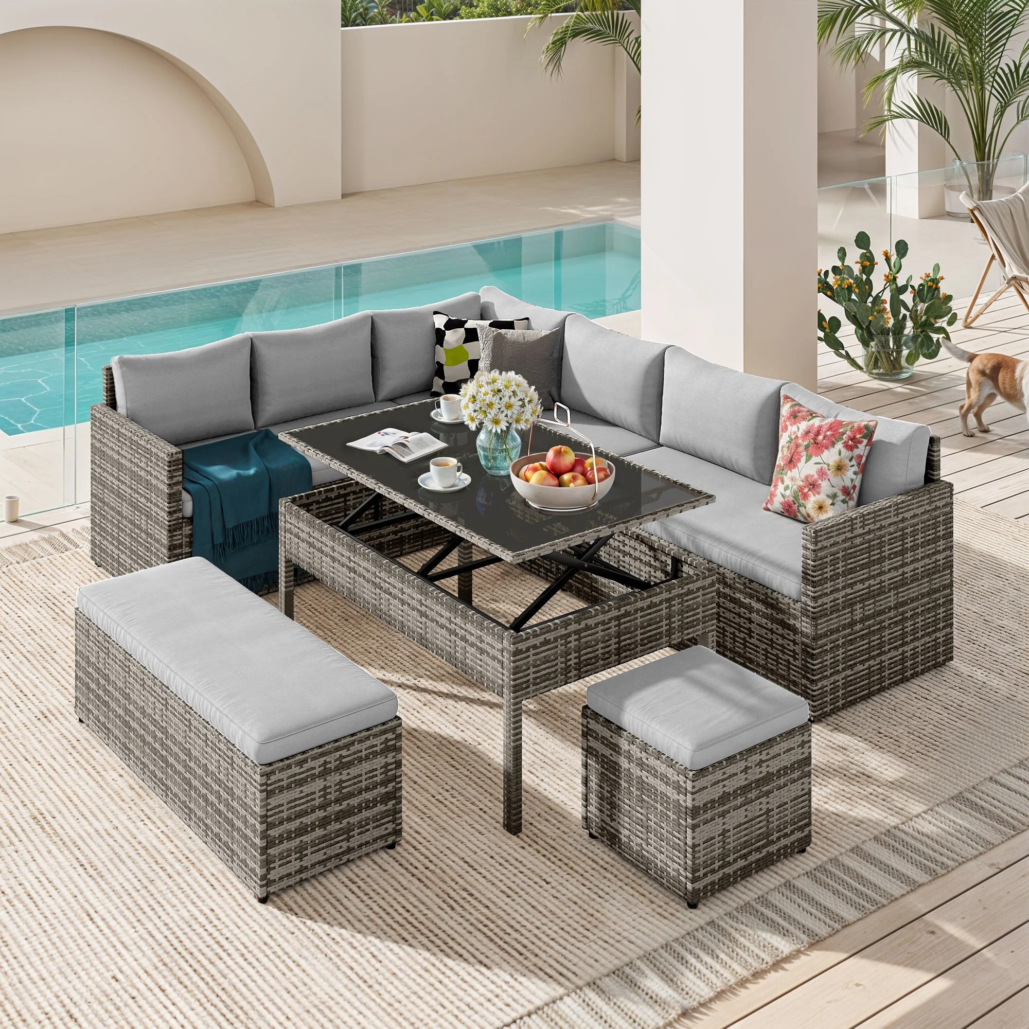 Dextrus Patio Wicker Furniture Set, 6-Piece Outdoor Sectional Sofa with Stools and Lift-Top Coffe... | Walmart (US)