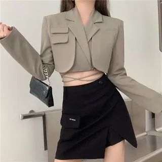 Double-Breasted Tie-Waist Crop Blazer / High Waist Mini A-Line Split Skirt | YesStyle Global