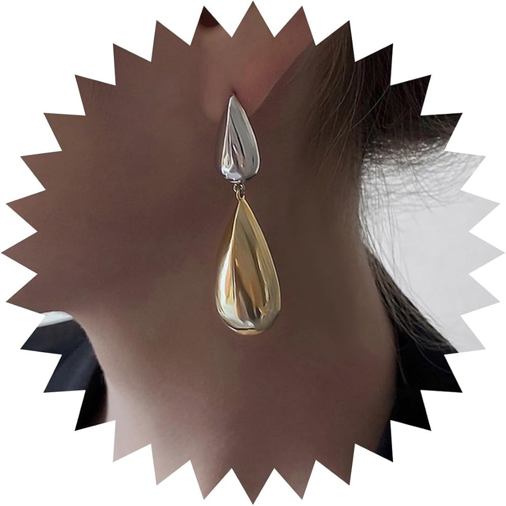 Teardrop Chunky Earrings Two Tone Tear Dangle Earrings Gold Silver Water Drop Asymmetrical Earrin... | Amazon (US)