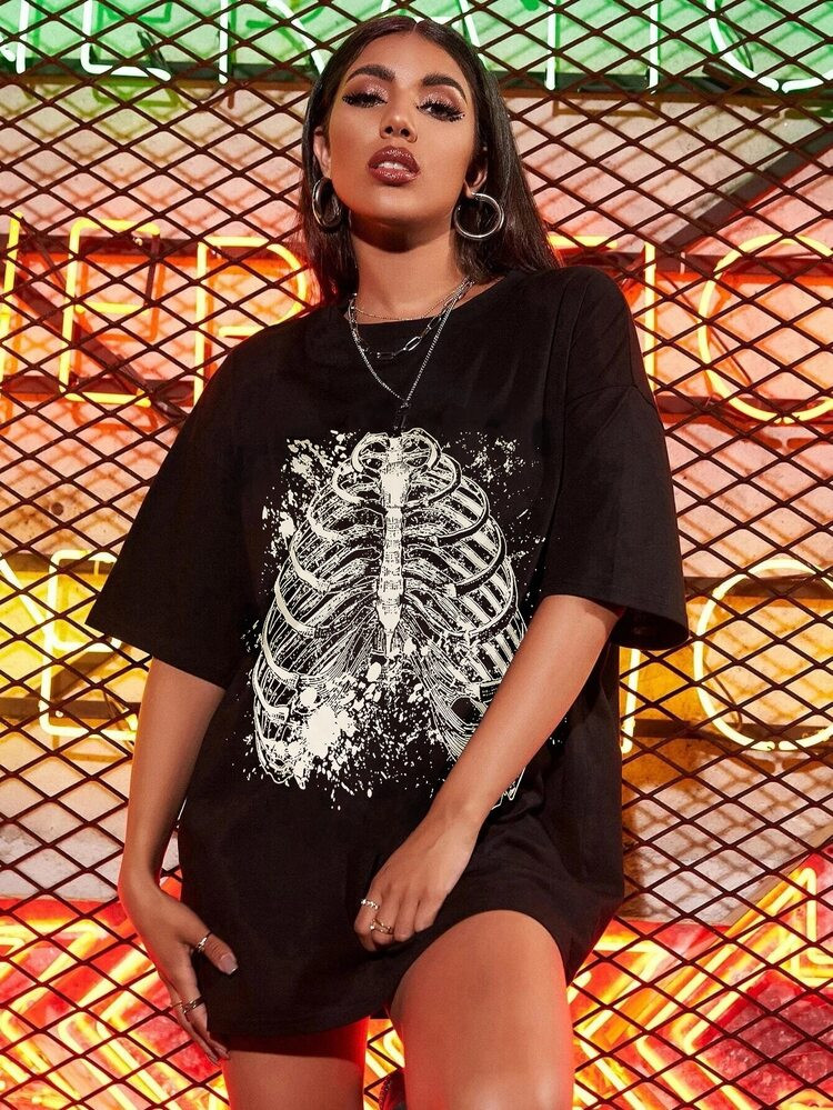 Skeleton Print Drop Shoulder Oversized Tee | SHEIN