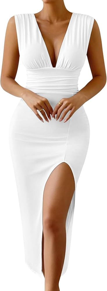 GOKATOSAU Women's Summer Plunge V Neck Sleeveless High Side Split Bodycon Long Dress | Amazon (US)