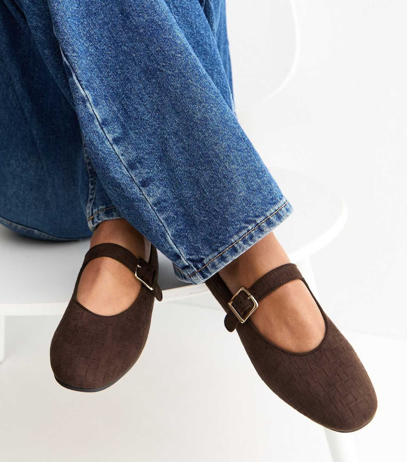Brown Textured Faux Suede Buckled Mary Jane Flats | New Look | New Look (UK)