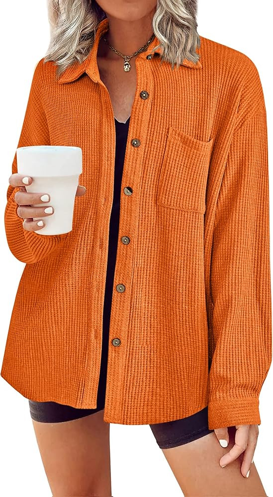 Hotouch Women Waffle Button Down Shirt Casual Long Sleeve Loose Fit Button Blouse Shirt with Pockets | Amazon (US)