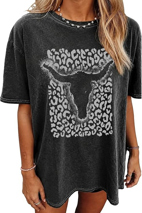 Eatbook Oversized Western Shirts for Women Country Cow Skull Graphic Tee | Amazon (US)