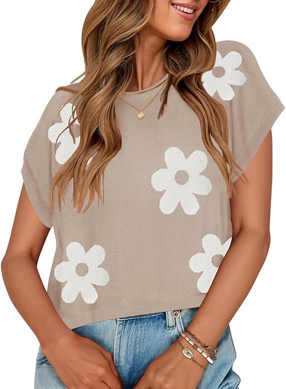 ZESICA Womens Summer Casual Printed Tops Cap Sleeve Crew Neck Cute Knit Sweaters 2025 Trendy Clot... | Amazon (US)