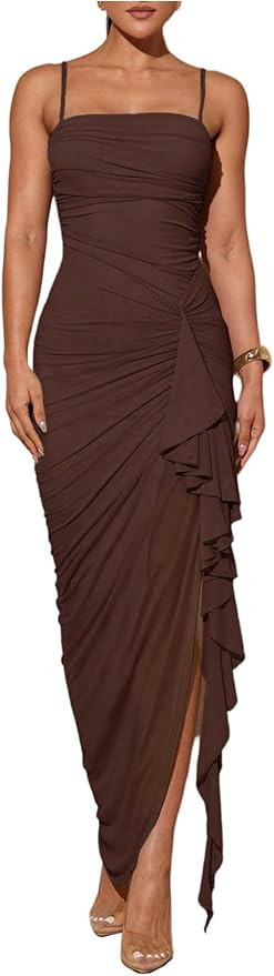 Floerns Women's Elegant Mesh Cami Dress Ruched Ruffle Side Slit Bodycon Maxi Prom Dresses | Amazon (US)