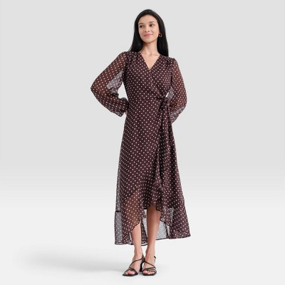 Women's Balloon Long Sleeve Maxi Wrap Dress - A New Day™ Brown Polka Dots L | Target