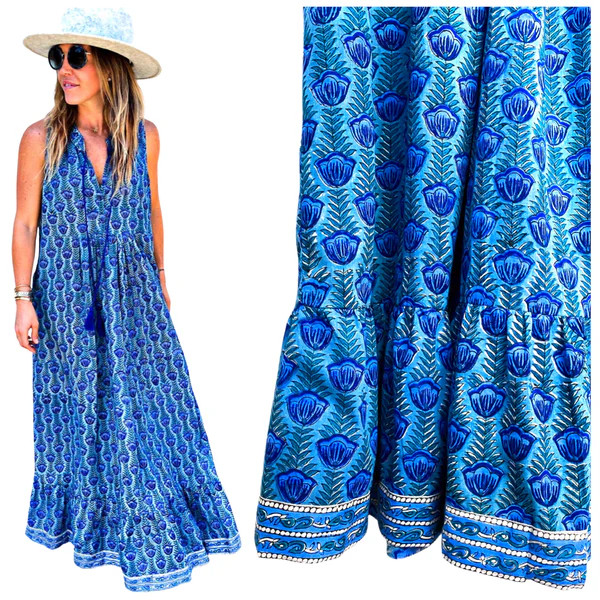 Teal Block Print Ruffle Neck Maxi Dress | James Ascher