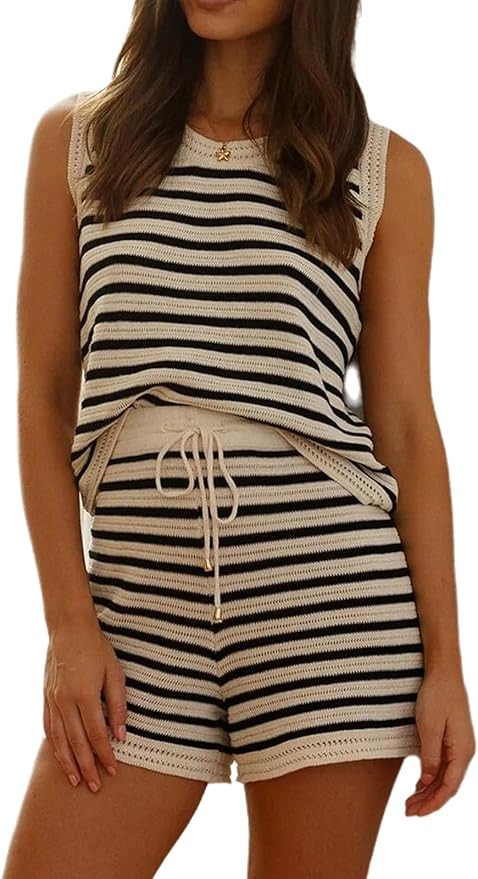 NIFTRIRY Women 2 Piece Crochet Sets Summer Beach Cover Up Two Piece Women Outfits Knit Tank Top w... | Amazon (US)