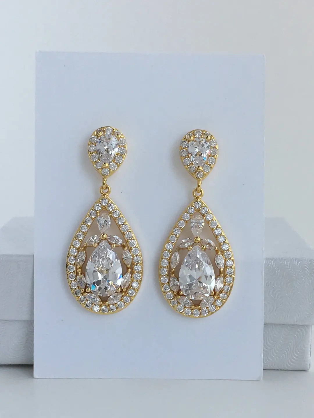 Gold Cubic Zirconia Earrings Gold Teardrop Bridal Earrings Gold Wedding Earrings Gold Bridal Earr... | Etsy (US)