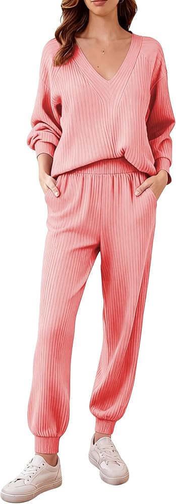 Tankaneo Womens Knit Sets Oversized V Neck Sweaters and Wide Leg Pants Fall Loungewear Trendy 2 P... | Amazon (US)