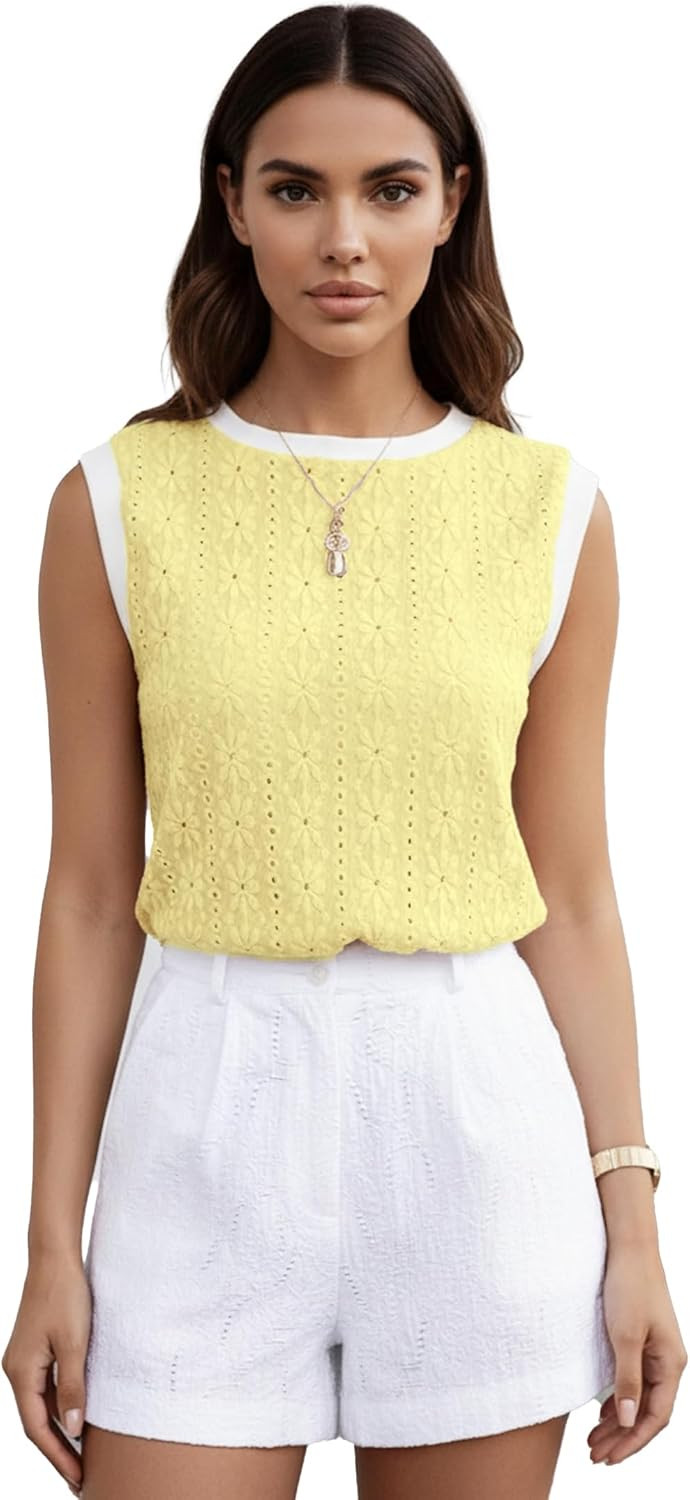 Women Eyelet Tank Tops Floral Casual Round Neck Sleeveless Summer Tops Trendy Basic Cute Plain Tanktops | Amazon (US)