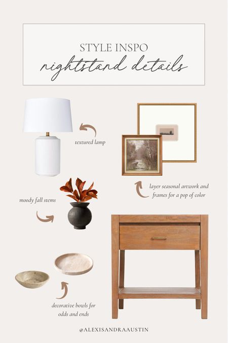 Nightstand style inspo! Swapping items for more seasonal decor is an easy way to upgrade the space 

Home finds, nightstand style, furniture finds, faux stems, canvas art, gold frame, ceramic lamp, decorative tray, Target, Crate and Barrel, Amazon, Pottery Barn, Wayfair, aesthetic home, neural decor, fall refresh, shop the look!

#LTKhome #LTKSeasonal #LTKstyletip