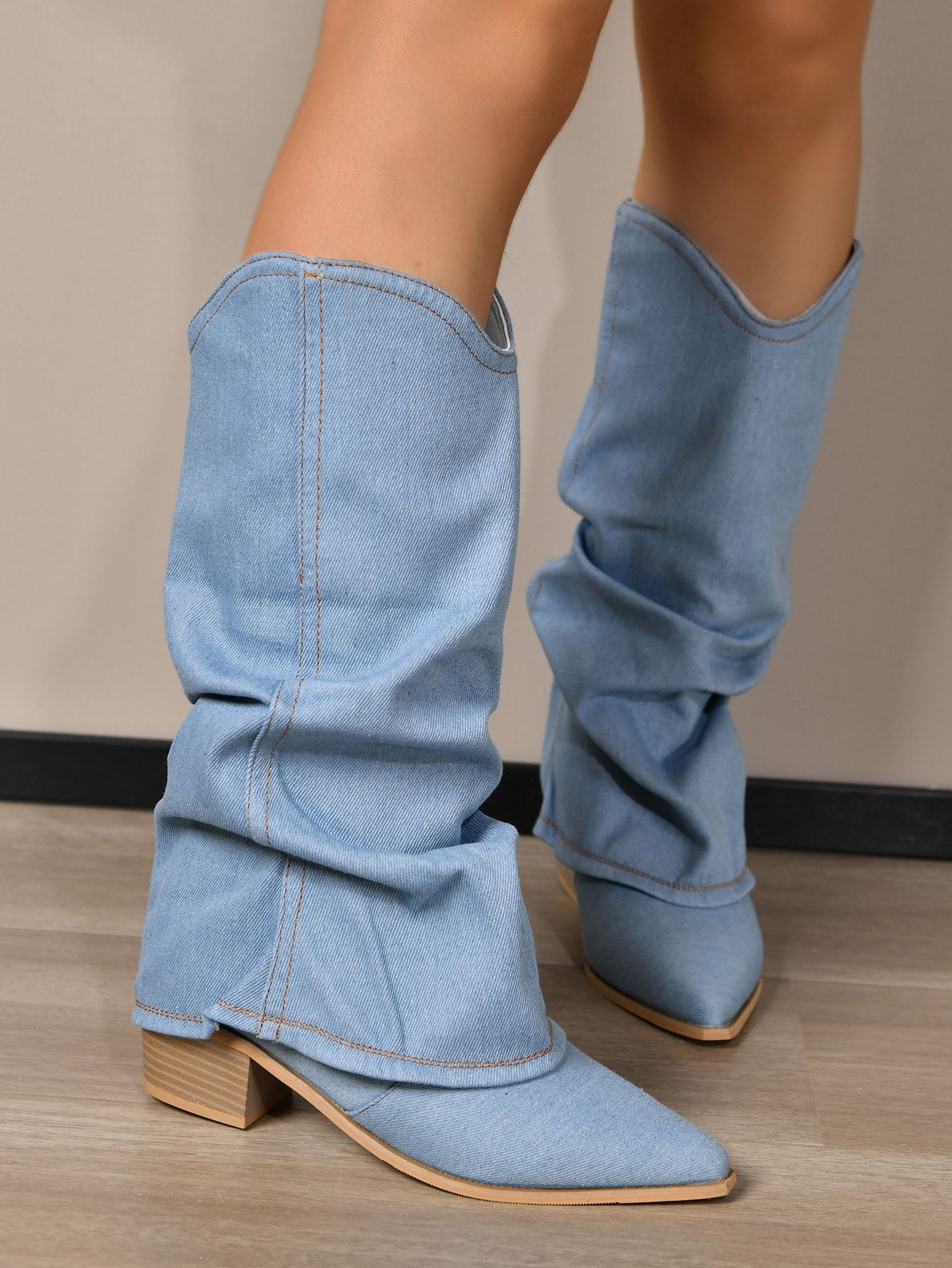 Western Style Cowgirl Boots For Women, Fashionable Over-the-knee Denim Boots, Light Blue | SHEIN
