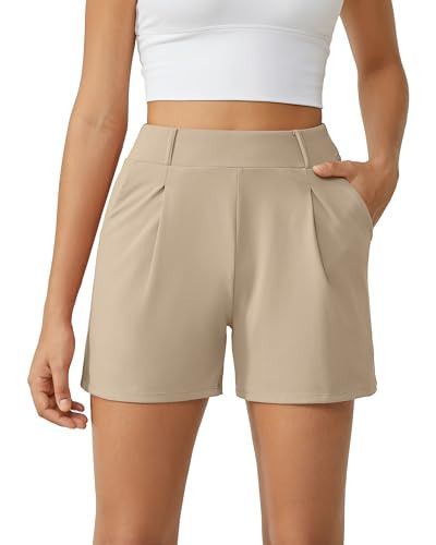 G4Free Women's Khaki Dressy Shorts Trendy Casual with Pockets Tailored Comfy High Waisted Shorts(Light Khaki, L) | Amazon (US)