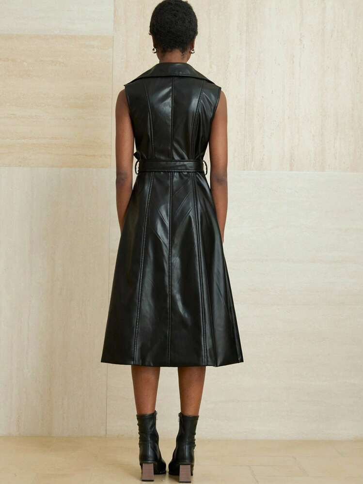 Aveloria Modichic PU Leather Lapel Tie-Waist Sleeveless Classic Long Trench Coat, European And Am... | SHEIN