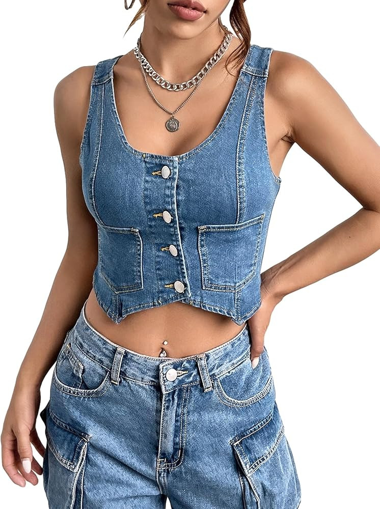 Verdusa Women's Sleeveless Scoop Neck Button Front Pocket Crop Wash Denim Waistcoat Vest Jacket | Amazon (US)