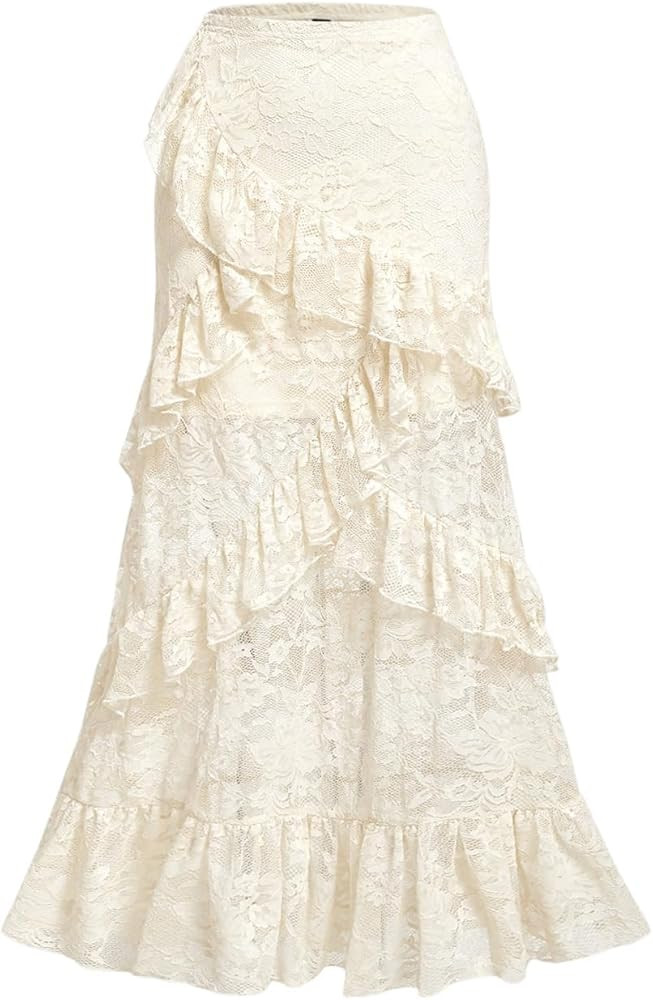 Verdusa Women's Y2k Lace Long Skirts High Waist Layered Ruffle Hem A Line Skirt | Amazon (US)