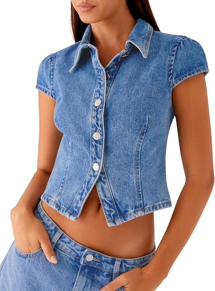 Cropped Denim Shirt Women Button Down Short Sleeve Collared Denim Top Casual Fitted Trendy Jean S... | Amazon (US)