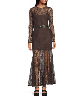 Eden Lace Belted Long Sleeve Dress | Dillard's