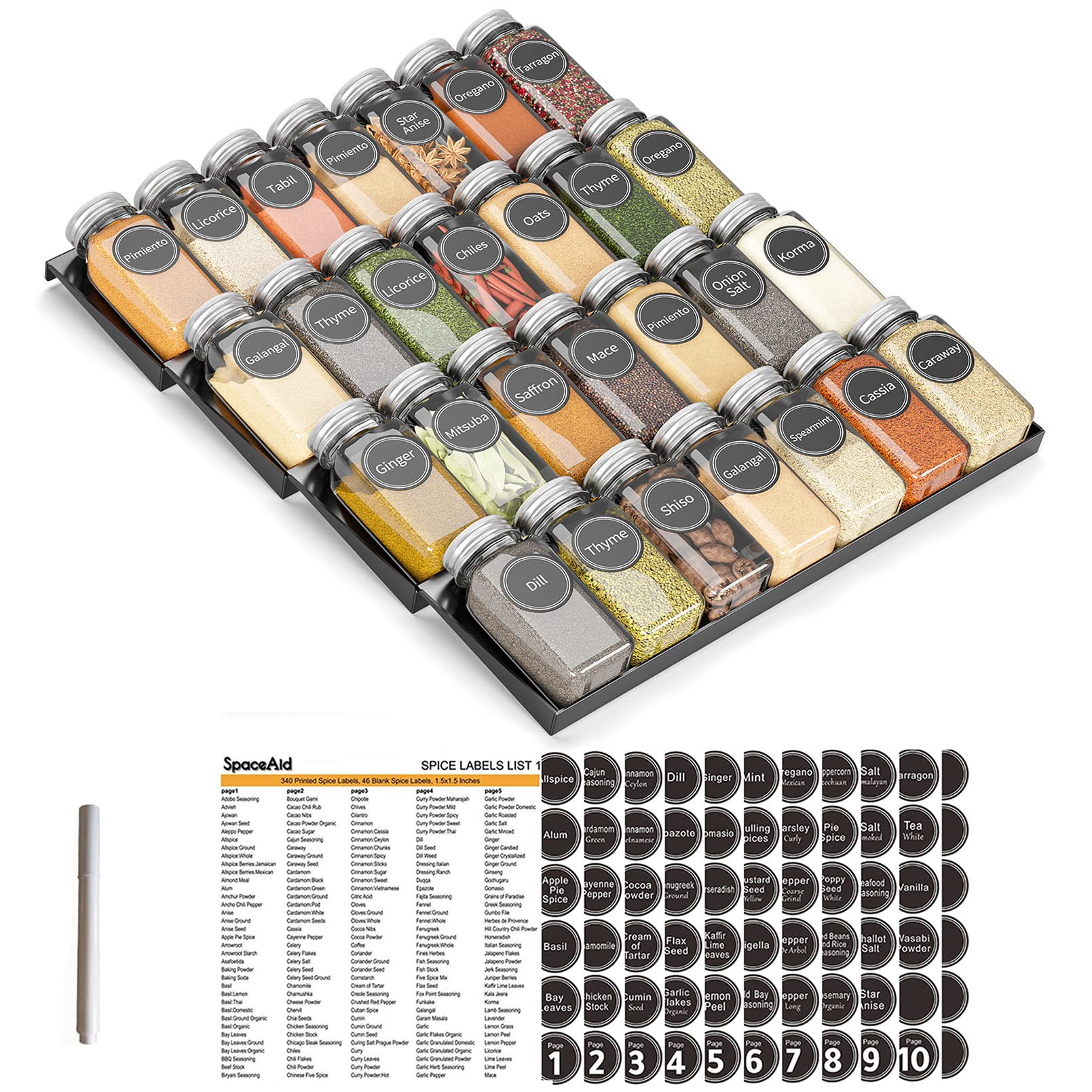 SpaceAid Spice Drawer Organizer with 32 Spice Jars, 386 Spice Labels, 4 Tier Seasoning Rack Tray ... | Amazon (US)