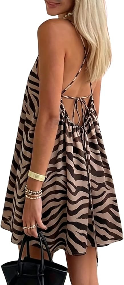 SOLY HUX Women's Summer Halter Dress Animal Printed Backless Flowy Cami Mini Dresses | Amazon (US)
