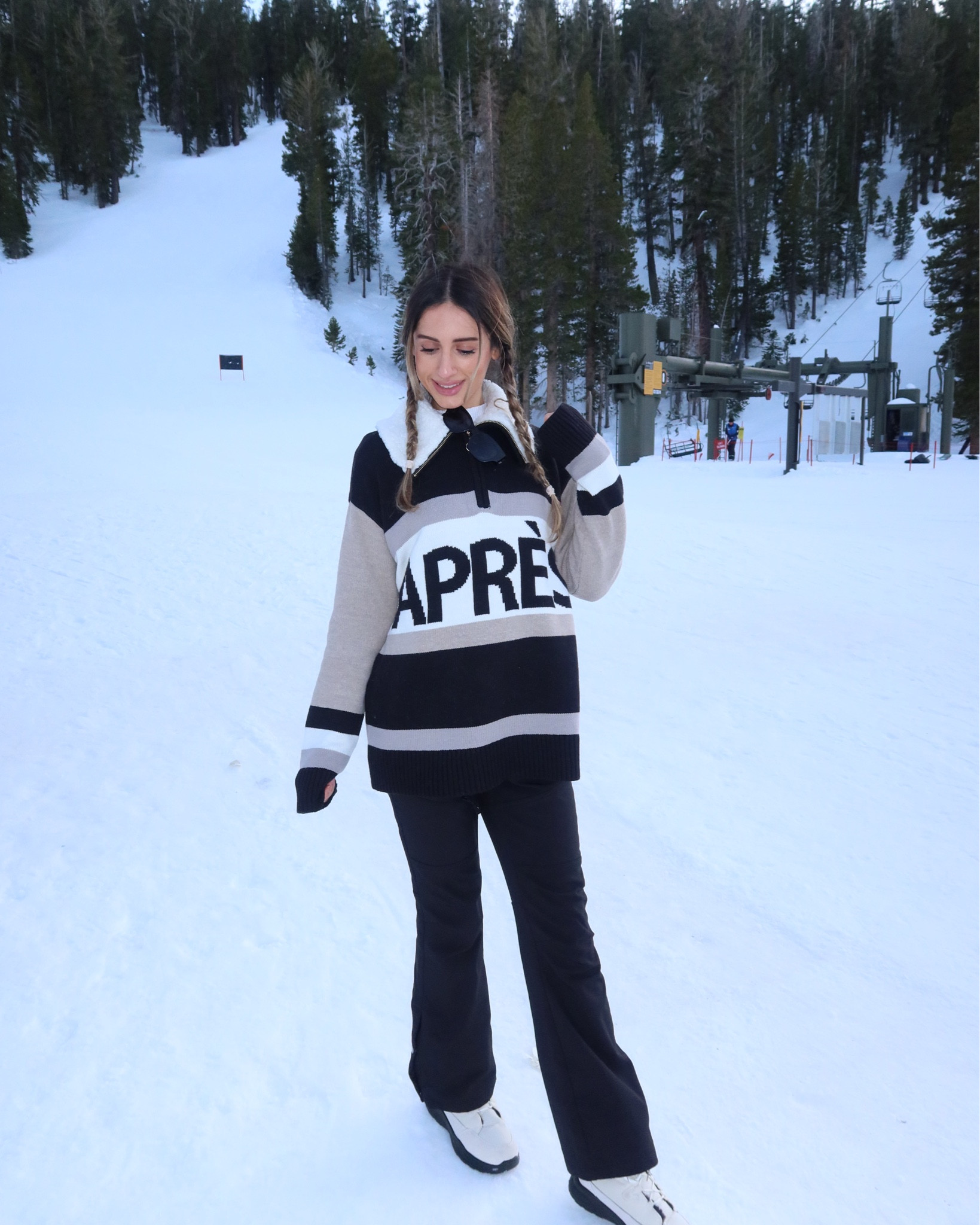 Après-ski chic but make it cozy ⛷️❄️
Mountain mornings in Mammoth 
#revolve #skifit #snow #snowoutfit
Size 4 pants
 XS sweater 

#LTKTravel #LTKSeasonal #LTKootd