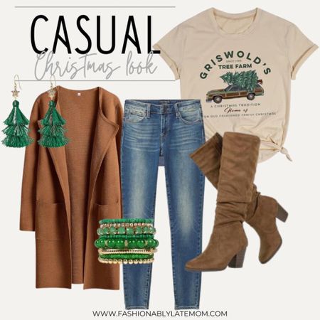 This is such a cute Christmas outfit! 
Fashionablylatemom 
Boots 
Straight legged jeans 
Blazer 
Graphic t-shirt 

#LTKHoliday #LTKstyletip #LTKSeasonal