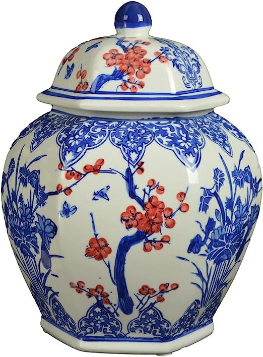 Festcool Blue and White Porcelain Ceramic Covered Floral Jar Vase, Food Container Storage Lotus P... | Amazon (US)