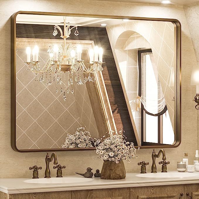 TETOTE 72 x 36 Inch Brushed Gold Bathroom Mirror, Rectangle Metal Frame Champagne Gold Vanity Mir... | Amazon (US)