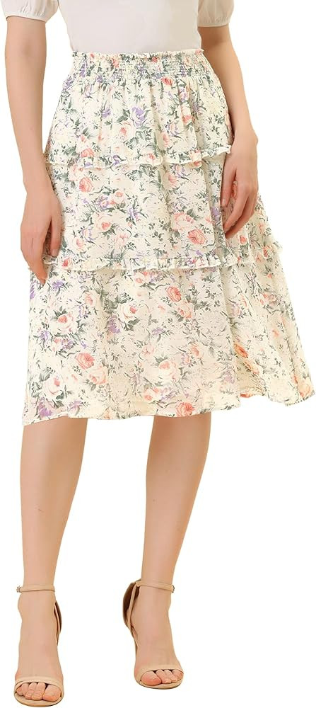Allegra K Women's Floral Skirts Summer Smocked Elastic Waist A-Line Below Knee Length Ruffle Tier... | Amazon (US)