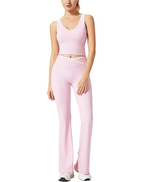Women's 2 Piece Workout Set Colorblock Crossover High Waist Flare Leggings Crop Tank Top Athletic... | Amazon (US)