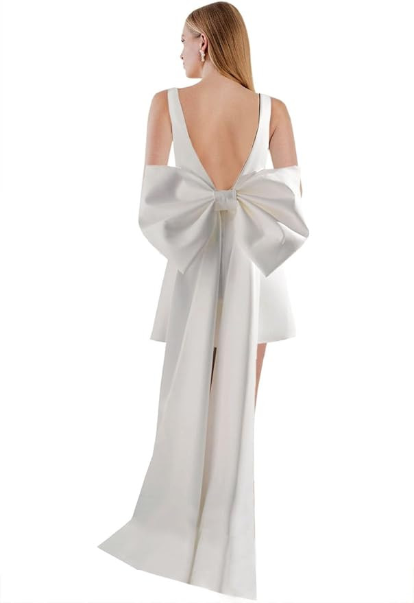 Women's Mini Wedding Dress V Neck A Line Detachable Bow with Train Satin Short Bridal Gowns | Amazon (US)