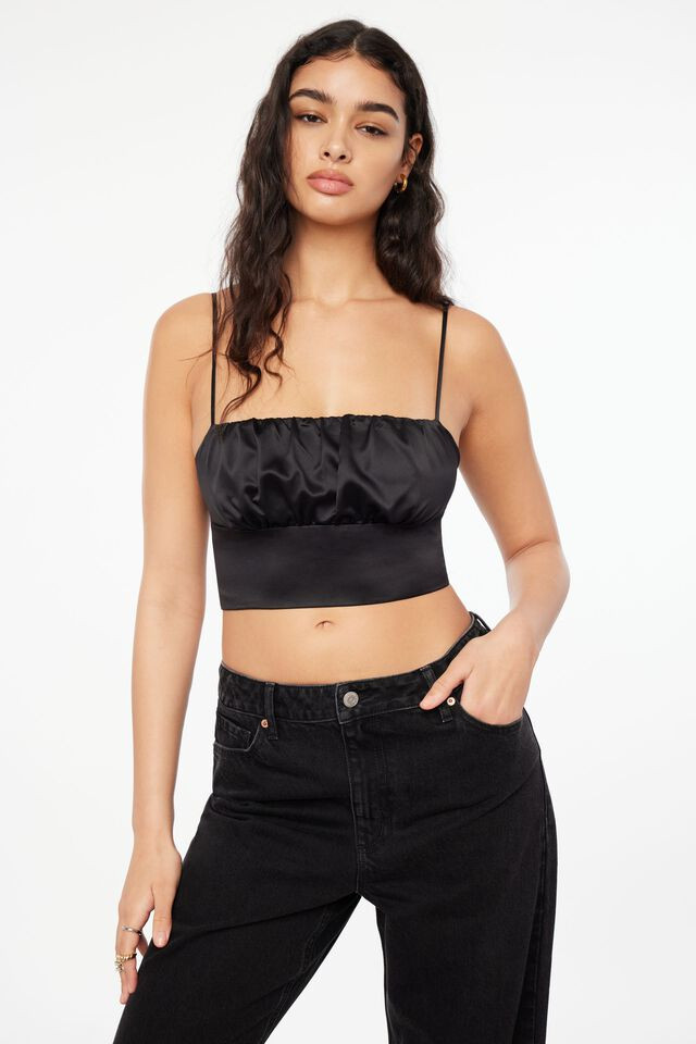 Everly Ruched Satin Crop Top $34.95 | Dynamite Clothing
