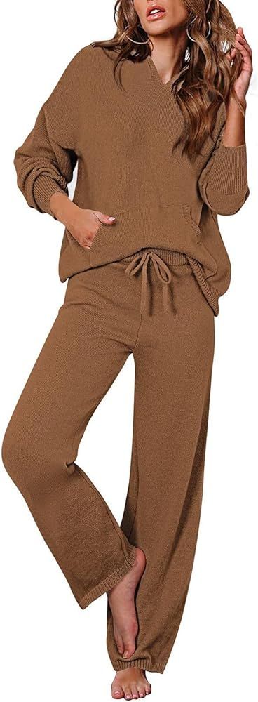 Viottiset Women's 2 Piece Outfits Sweater Set Long Sleeve Hoodies With Pocket Wide Leg Pants Loun... | Amazon (US)