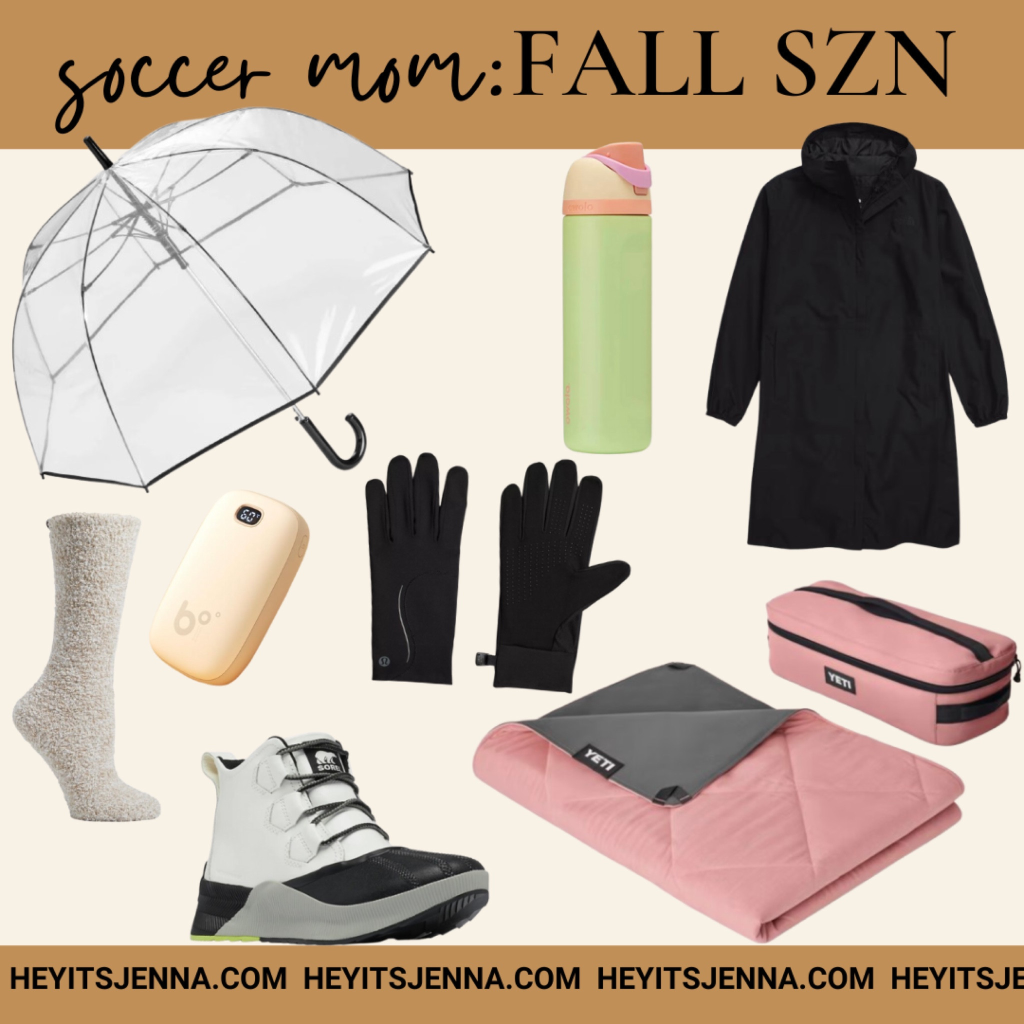 Fall is here! Stay warm and dry on the sidelines with my favorite soccer mom gear! 
This north face coat isn’t the warmest, but it’s water resistant and perfect for early fall games. Love this clear umbrella because it doesn’t drop all over everyone and you can see through it! 
A rechargeable hand warmer is a must - this one gets so hot! 
Perfect for fall sports and soccer moms 