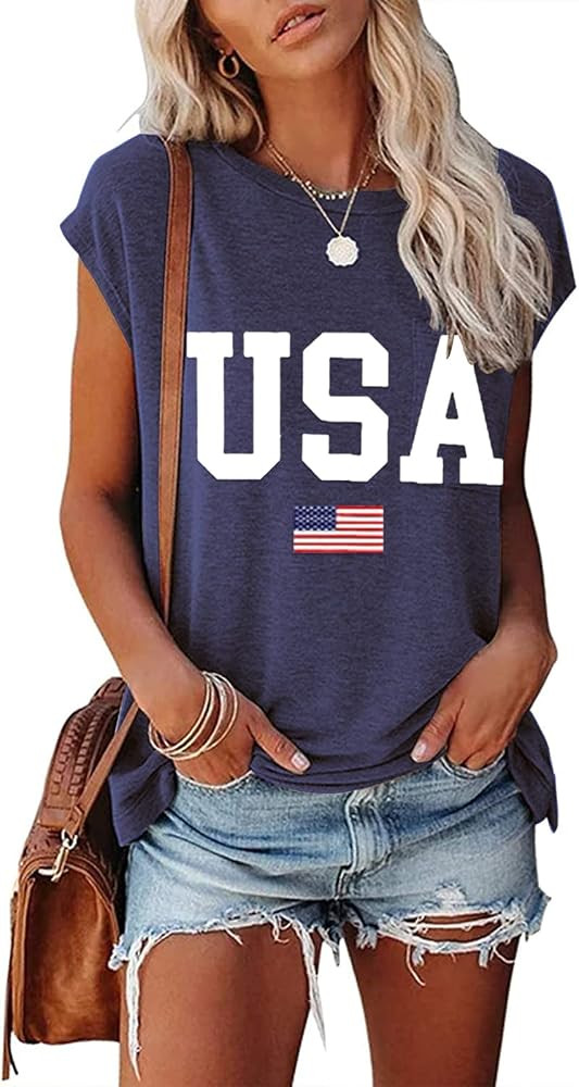 Cap Sleeve Summer Tops for Women Trendy Outfits Navy Blue Top Navy Blue T Shirt USA T shirt Amazon | Amazon (US)