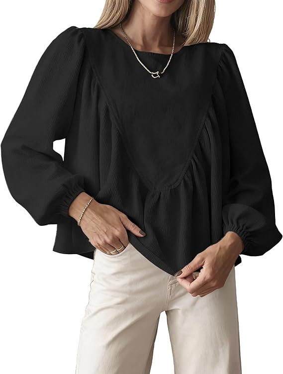 Women's Peplum Babydoll Top Waffle Knit Shirt with Back Button Lantern Sleeves for Casual Outfits | Amazon (US)